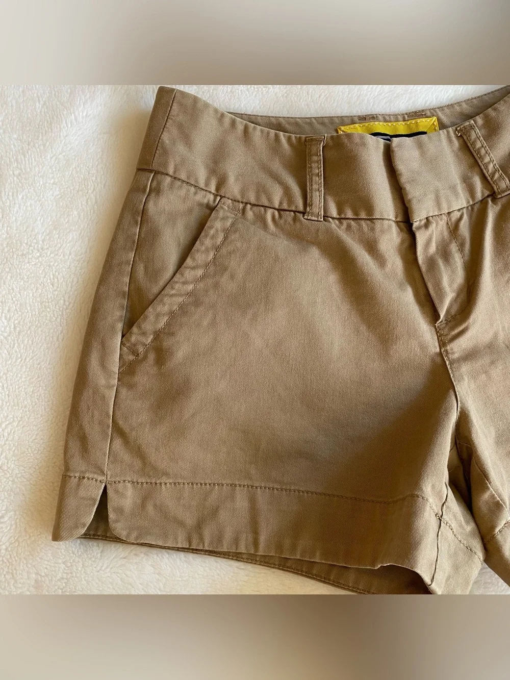 Khaki / Tan Cotton Trouser Mini Short Shorts -Mid Rise, Slant Pockets, 3” long - Picture 2 of 13